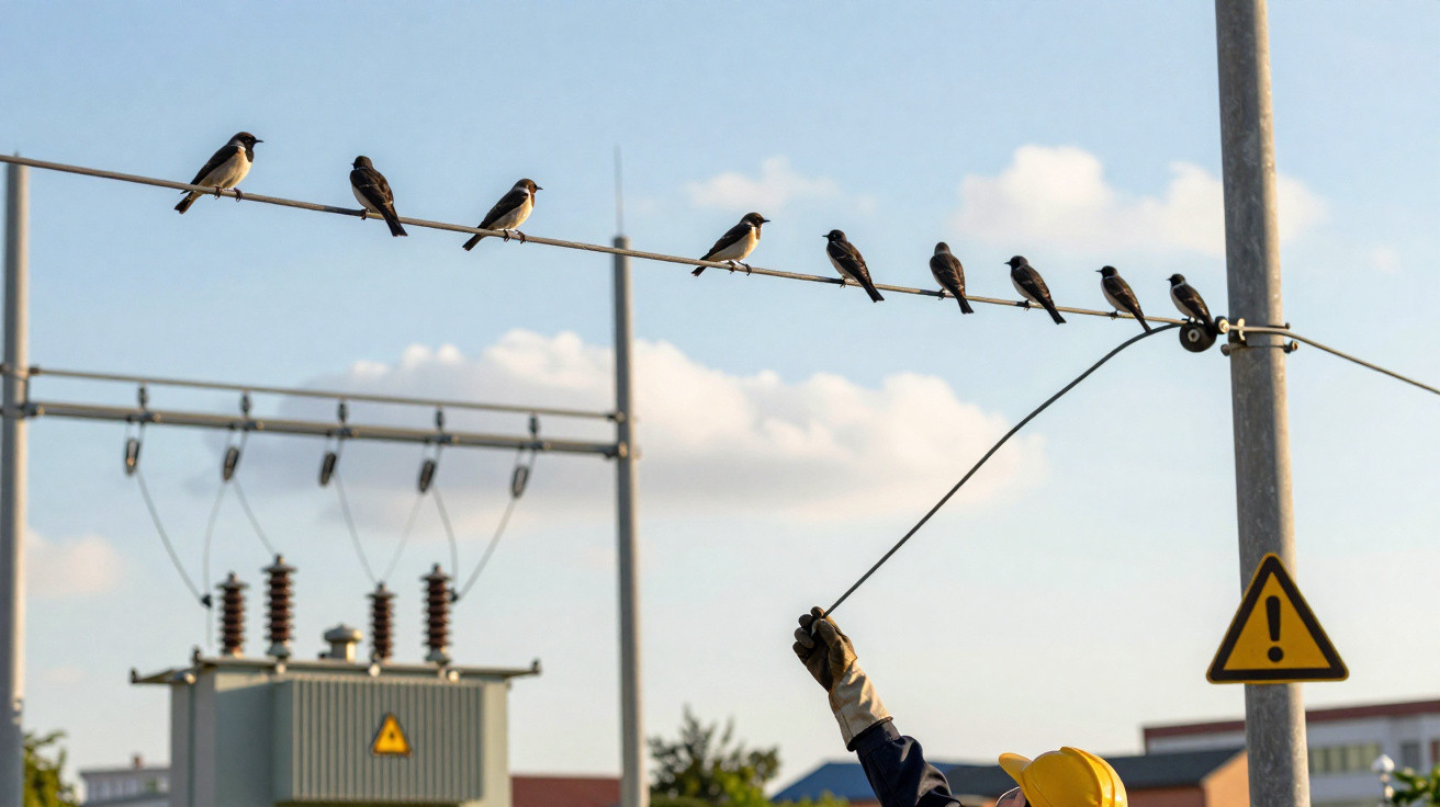 Electrician in safety gear working on power lines with birds perched on wires above against a blue sky.