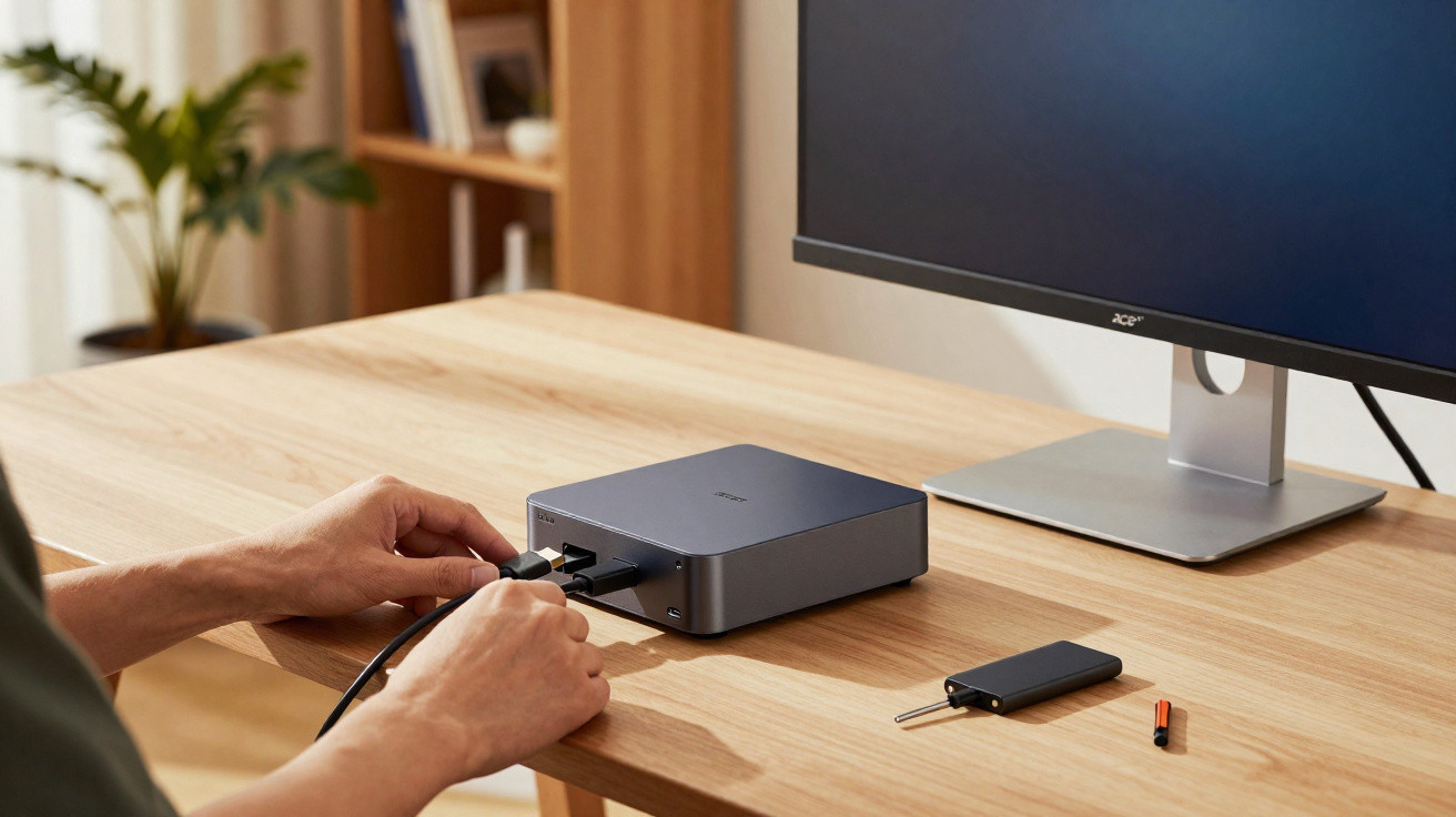 Person plugging cables into a small grey docking station on a wooden desk beside a computer monitor.