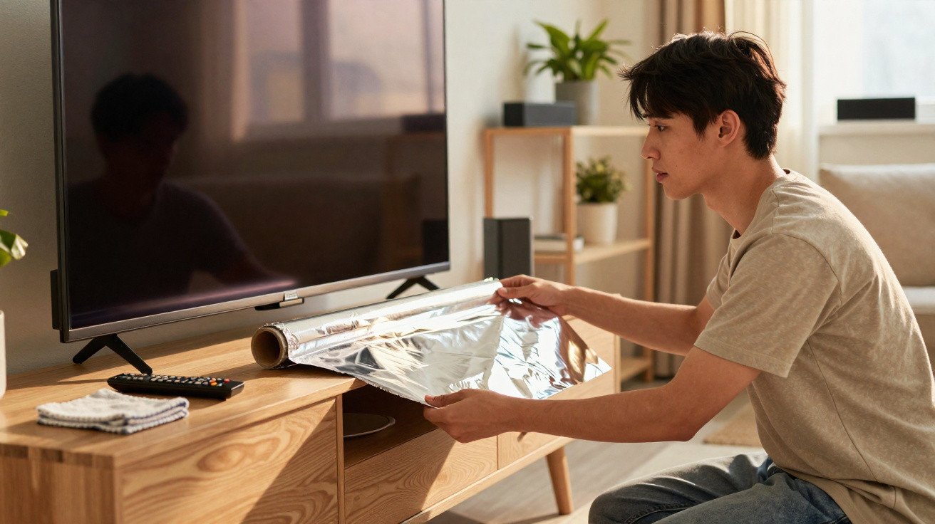 Young man unrolling reflective film to cover a wooden TV cabinet in a bright living room.