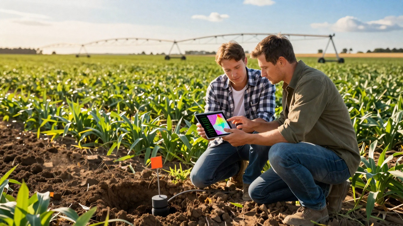 Two men kneeling in a field examining data on a tablet with soil and crops around them.