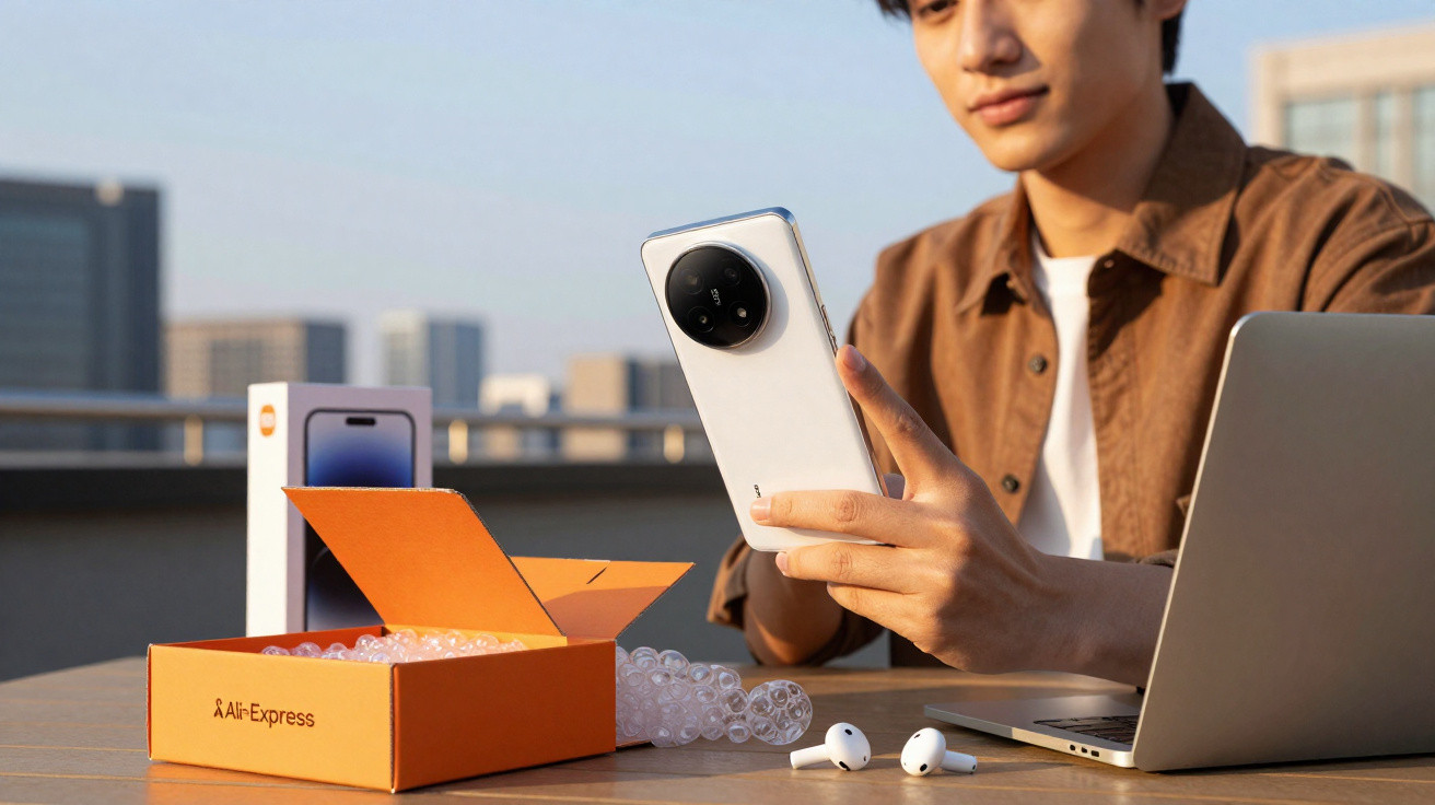 Person unboxing a new smartphone outdoors with laptop and wireless earbuds on table