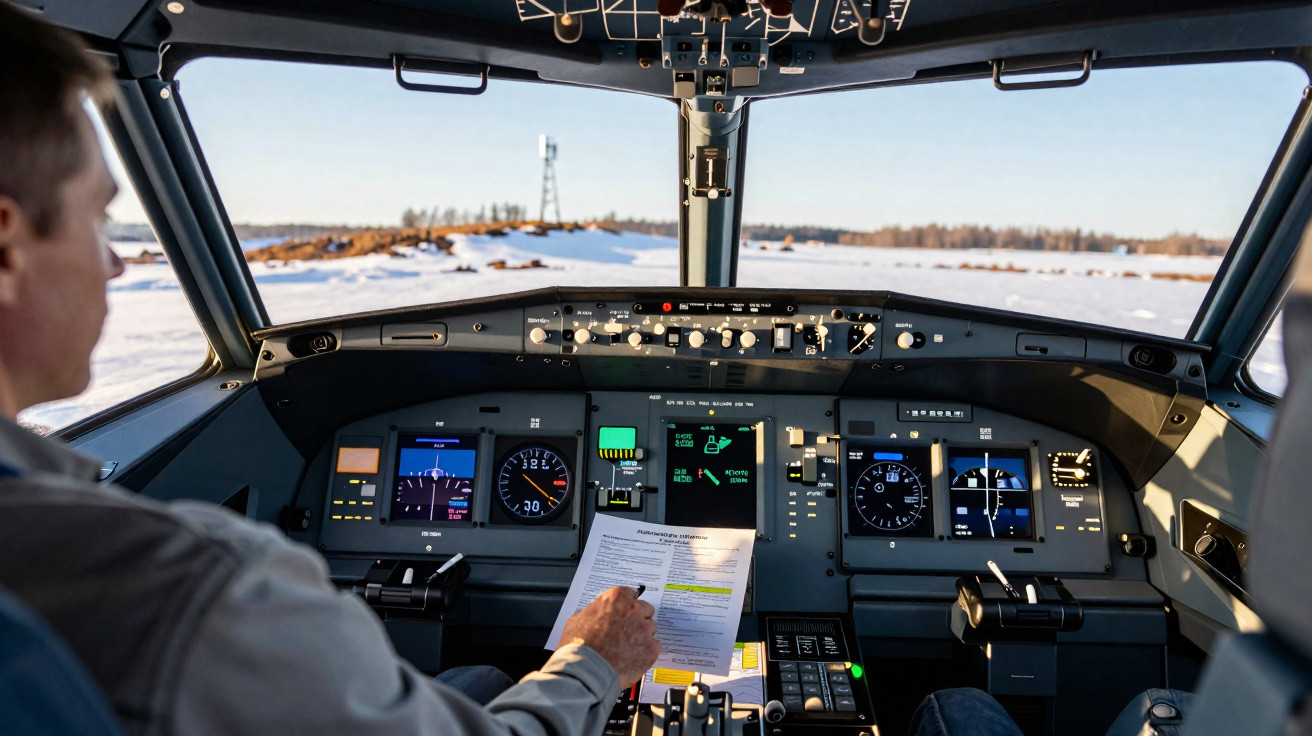 Pilot holding checklist inside a stationary airplane cockpit with snowy landscape outside windows.