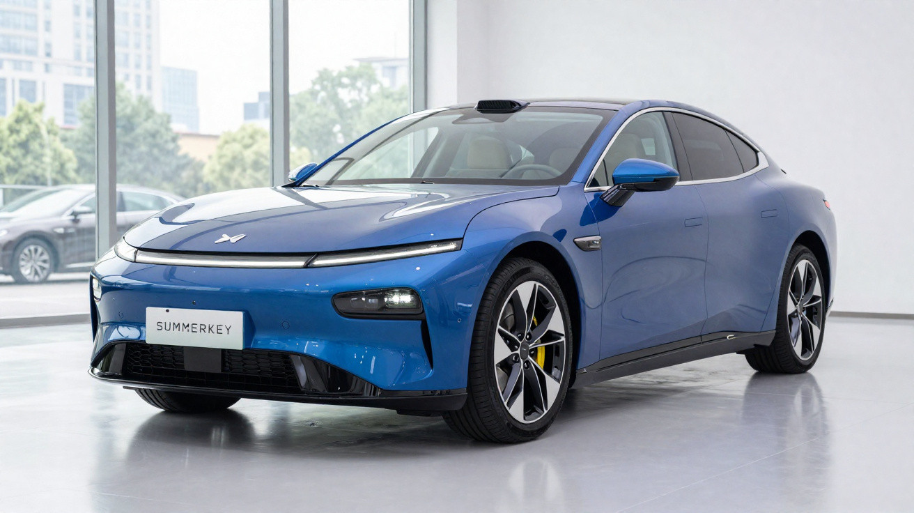 Blue electric sedan with sleek, modern design parked indoors near large windows.