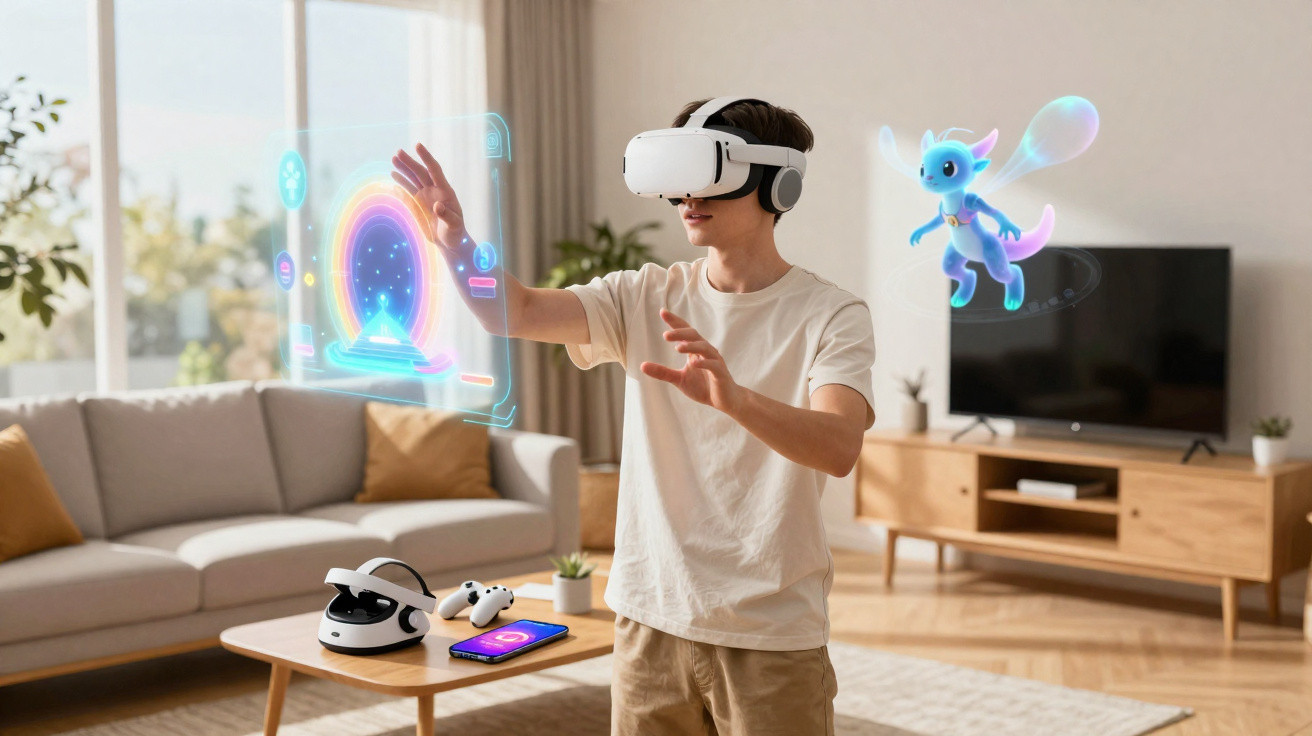 Young man using virtual reality headset interacting with holograms in a modern living room.