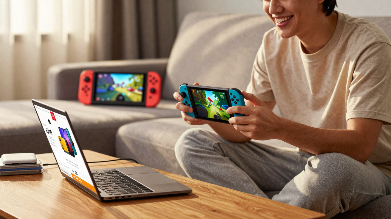Person sitting on a sofa playing a handheld video game console with a laptop open on a wooden table nearby.