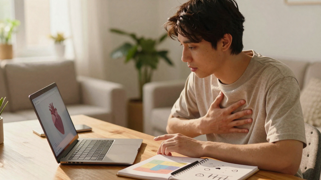 Young man clutching chest while looking at heart diagram on laptop in a sunlit living room.