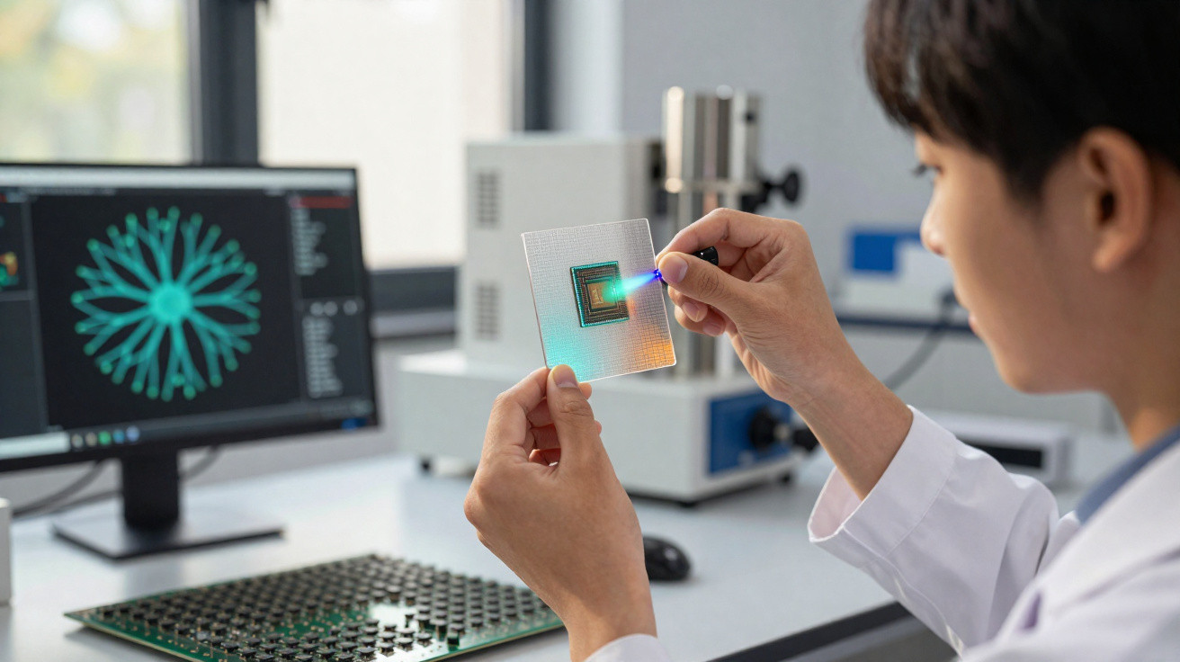 Scientist examining a microchip on transparent glass with a blue light in a high-tech laboratory.