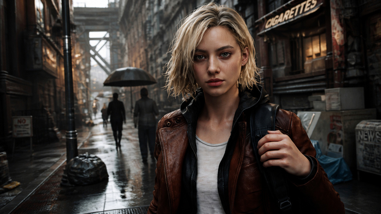 Young woman with blonde hair and leather jacket stands in a wet urban alley with two people walking under an umbrella.