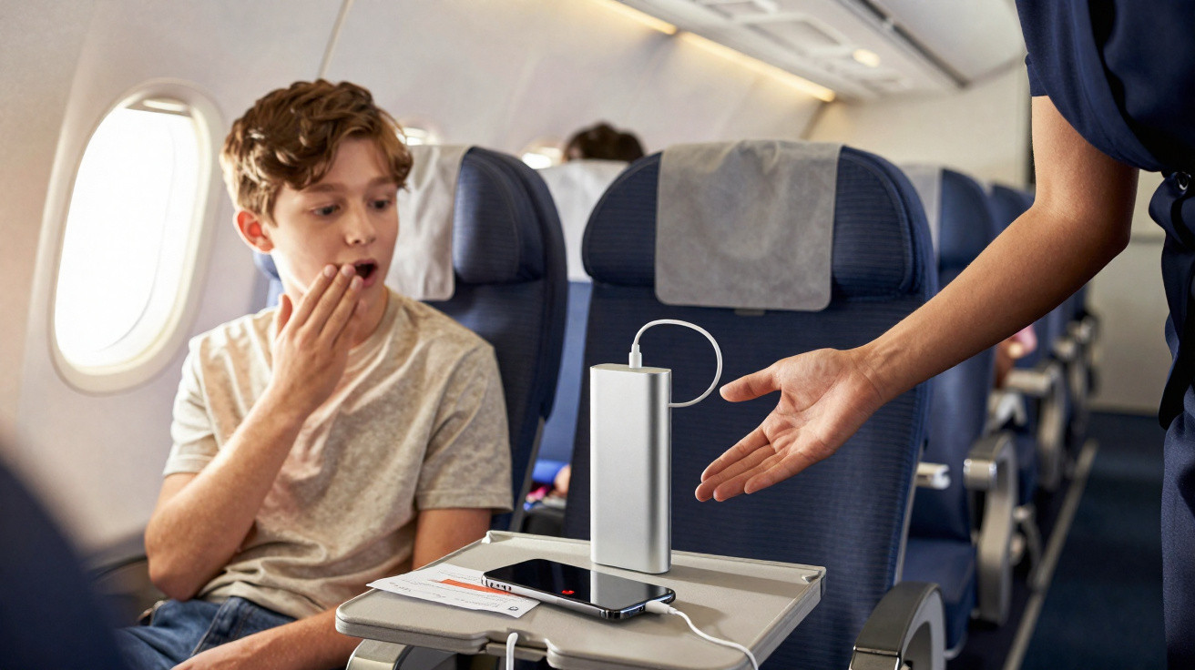 A surprised boy sitting on a plane watches a flight attendant offering a power bank to charge a mobile phone.