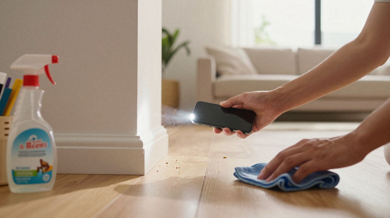 Person spraying cleaner on wooden floor while wiping with a blue cloth in a living room.