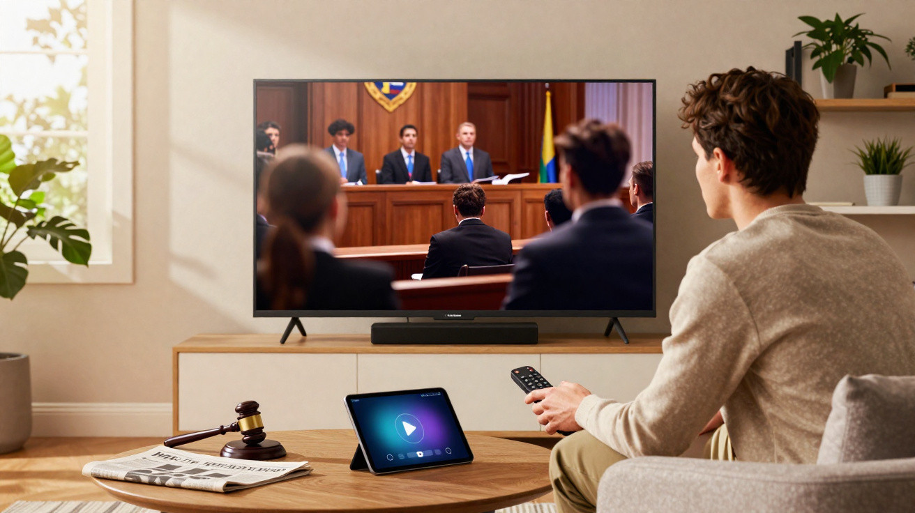 Person watching a courtroom scene on TV in a modern living room with a tablet and gavel on the table.