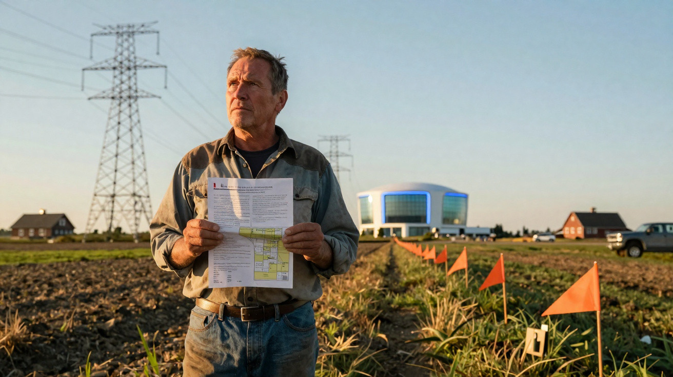 Man holding a document stands in a field with orange flags, power lines, and a modern building at sunset.