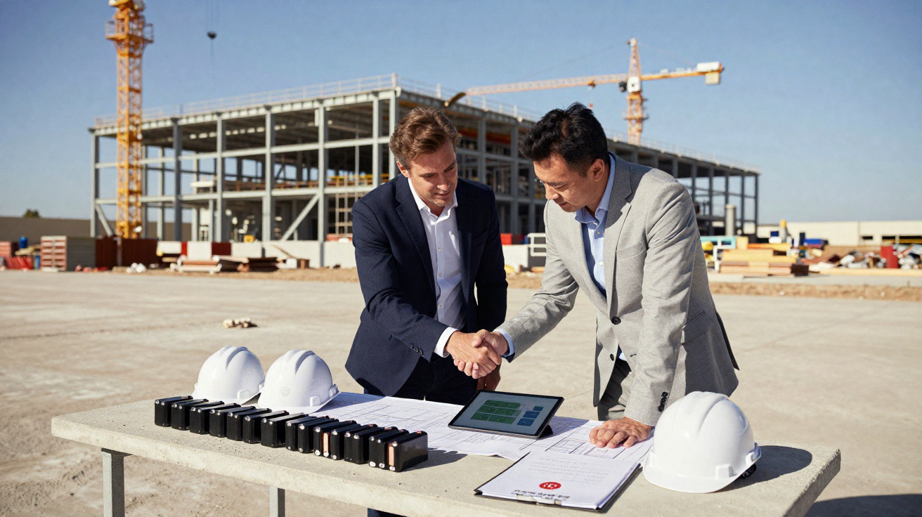 Two men in suits shaking hands over construction plans at a building site with cranes in the background.