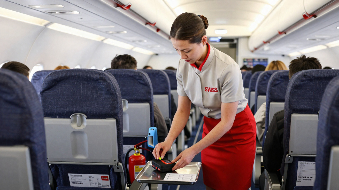 Flight attendant in Swiss Airlines uniform using a payment device at an airplane seat tray table.