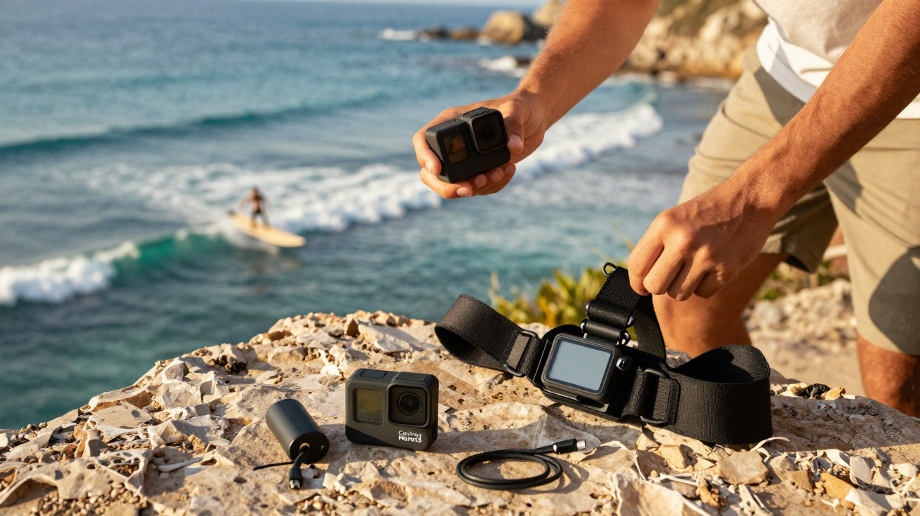 Person holding an action camera near the ocean, with camera accessories on a rocky surface and a surfer in the background.