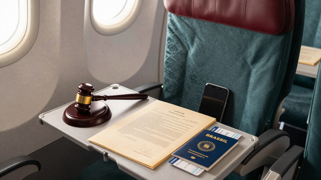 Airplane seat tray with a judge’s gavel, legal document, Brazilian passport, and boarding passes.