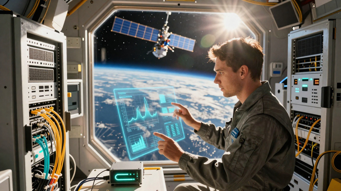 Astronaut analysing holographic data display inside a spacecraft with Earth and a satellite visible outside the window.