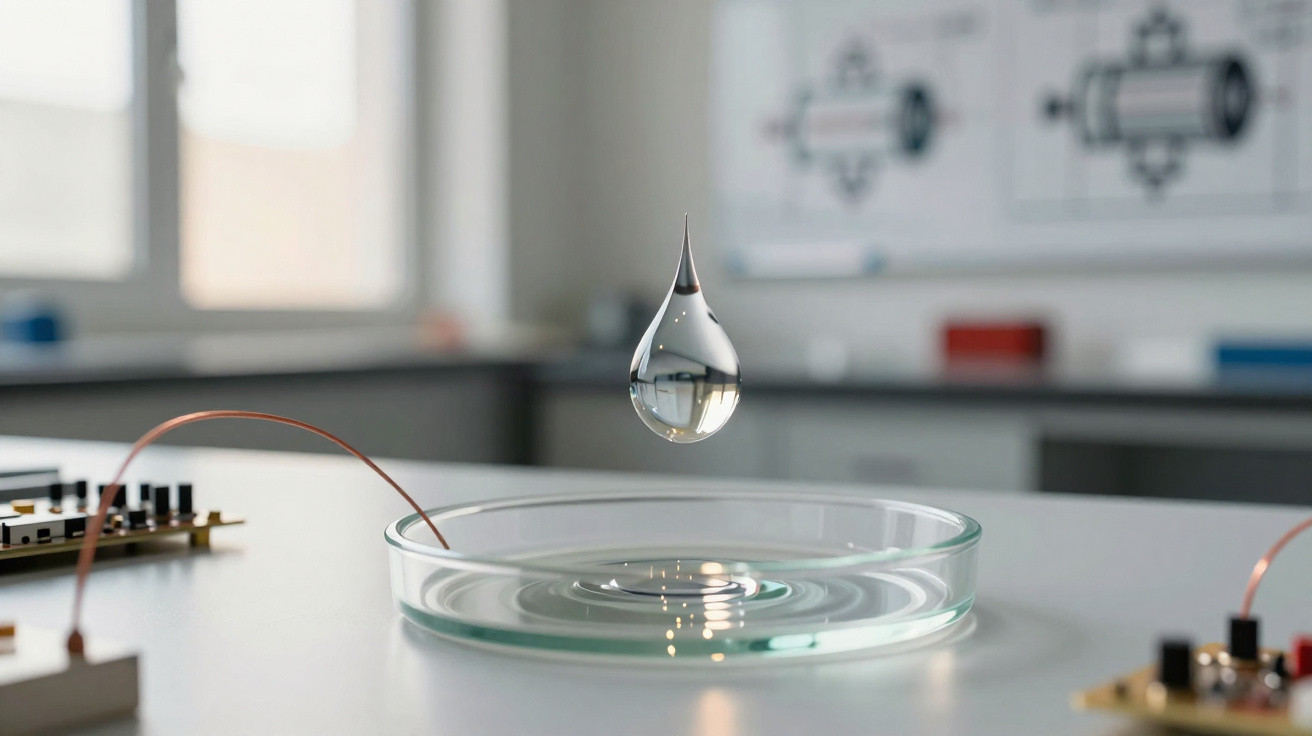 Close-up of a single water droplet suspended above a glass petri dish with ripples on the surface.