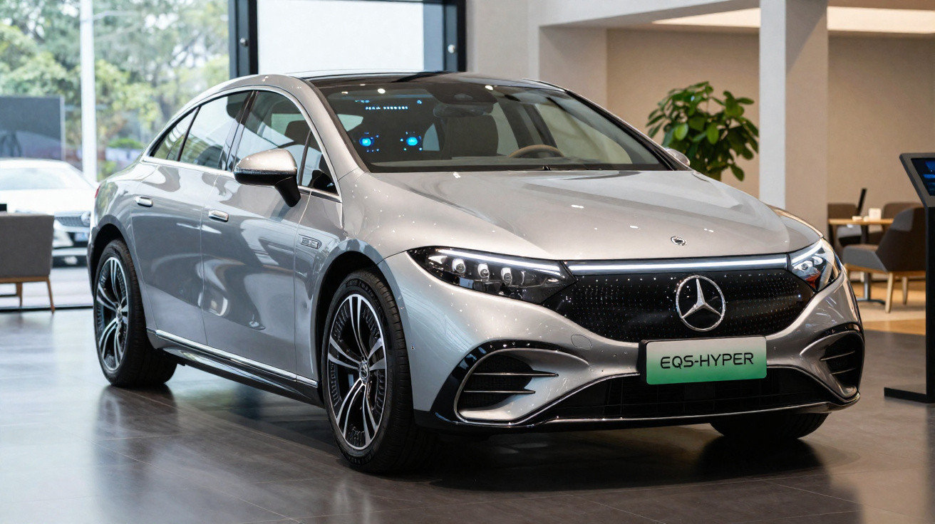 Silver Mercedes-Benz EQS Hyper electric car displayed indoors with modern design and sleek LED headlights.