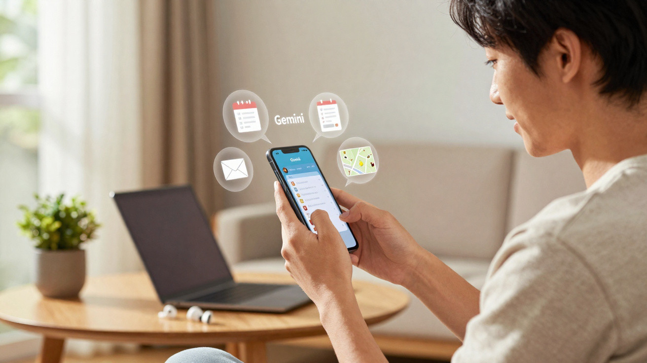 Person using smartphone with app icons floating above, sitting in a living room with laptop on table.