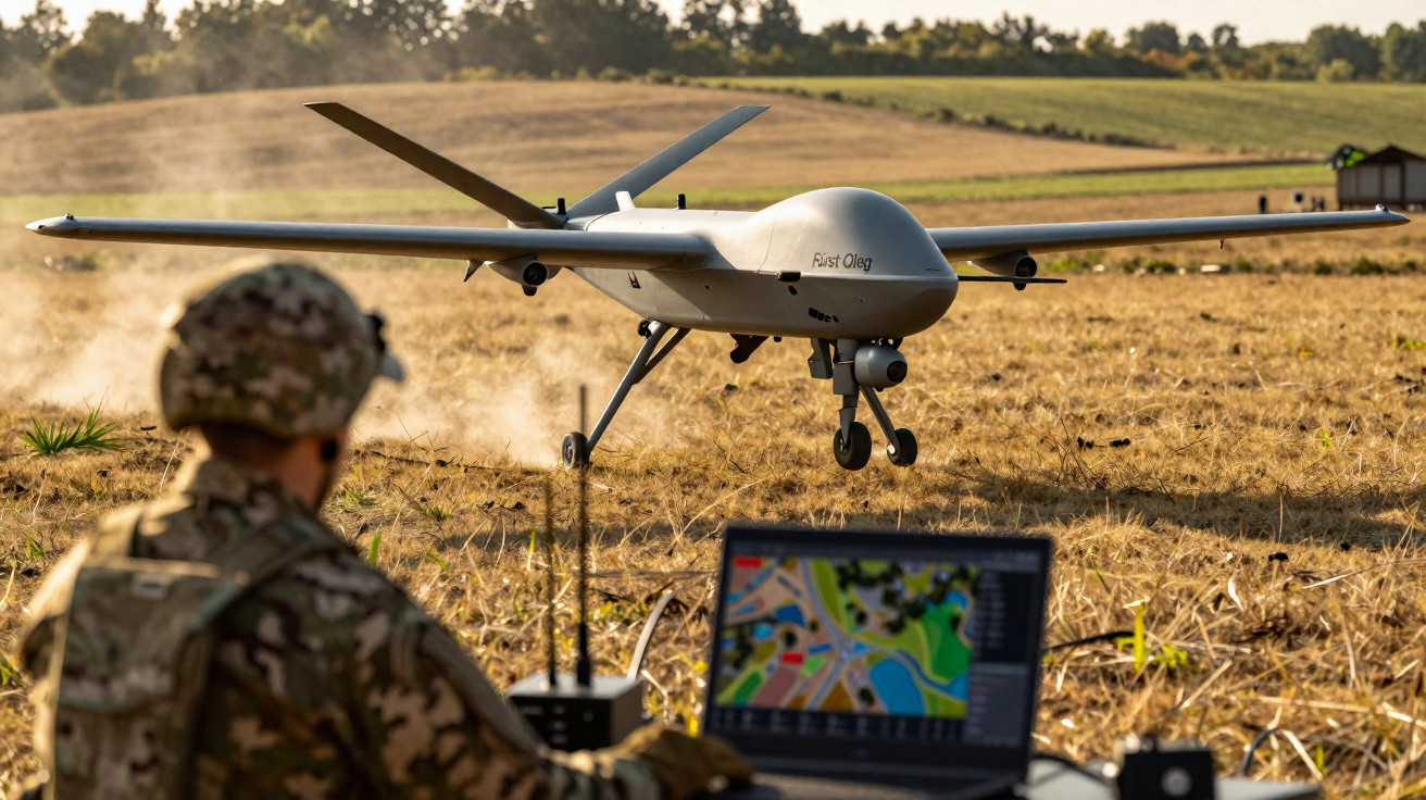 Military drone named First Oleg landing in a field monitored by a soldier using a laptop.