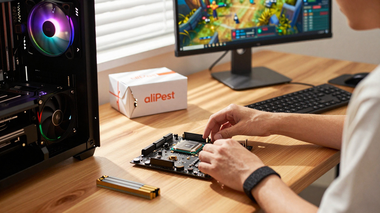 Person assembling a computer motherboard on a desk with a gaming monitor and PC case nearby.