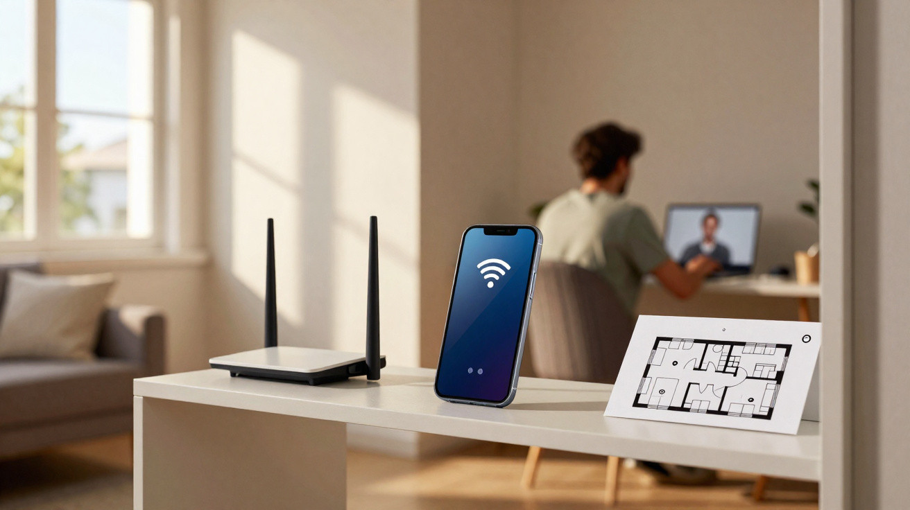 Smartphone showing Wi-Fi symbol on table with router and digital floor plan, person working on laptop in background.
