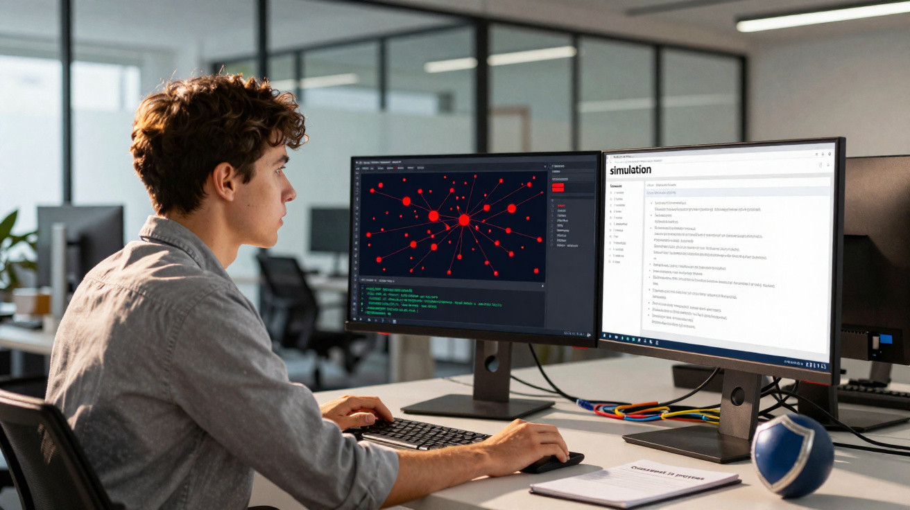Young programmer works on data network visualisation and simulation on dual monitors in modern office.