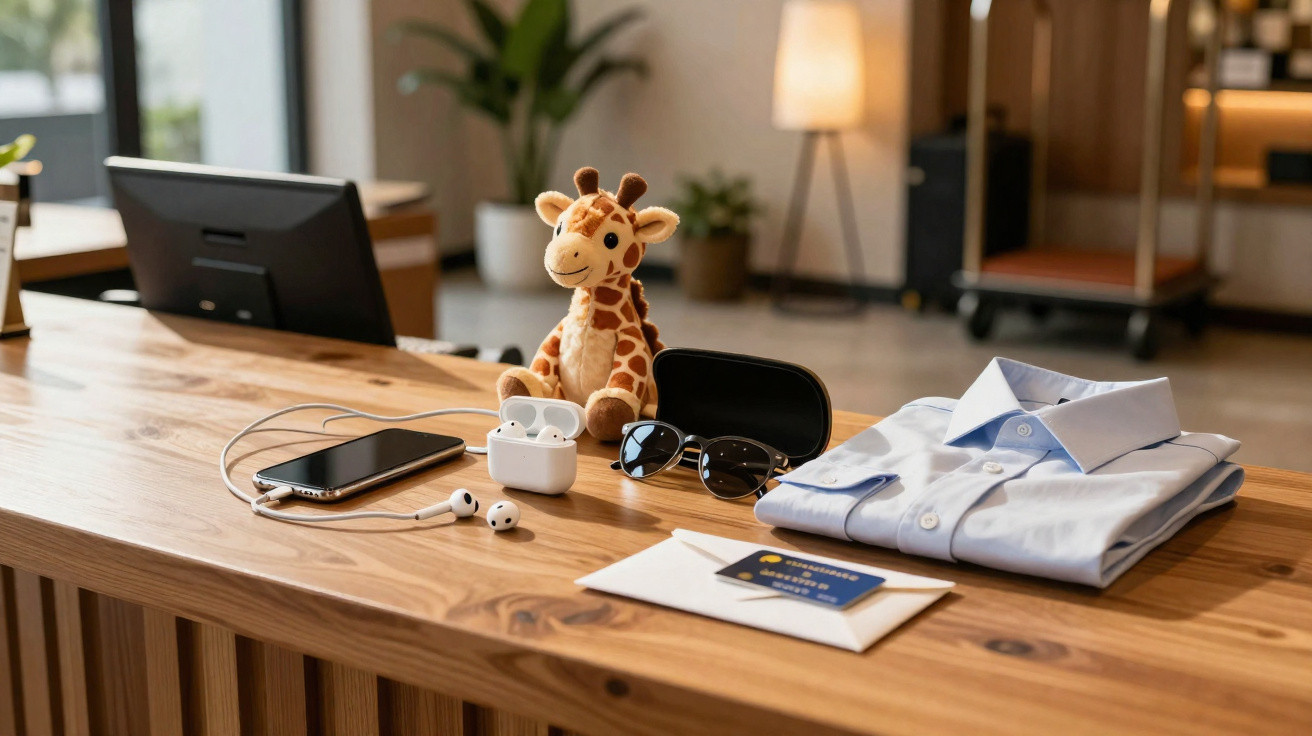 Wooden desk with a folded blue shirt, sunglasses, AirPods, smartphone, plush giraffe, and envelope in a modern office.