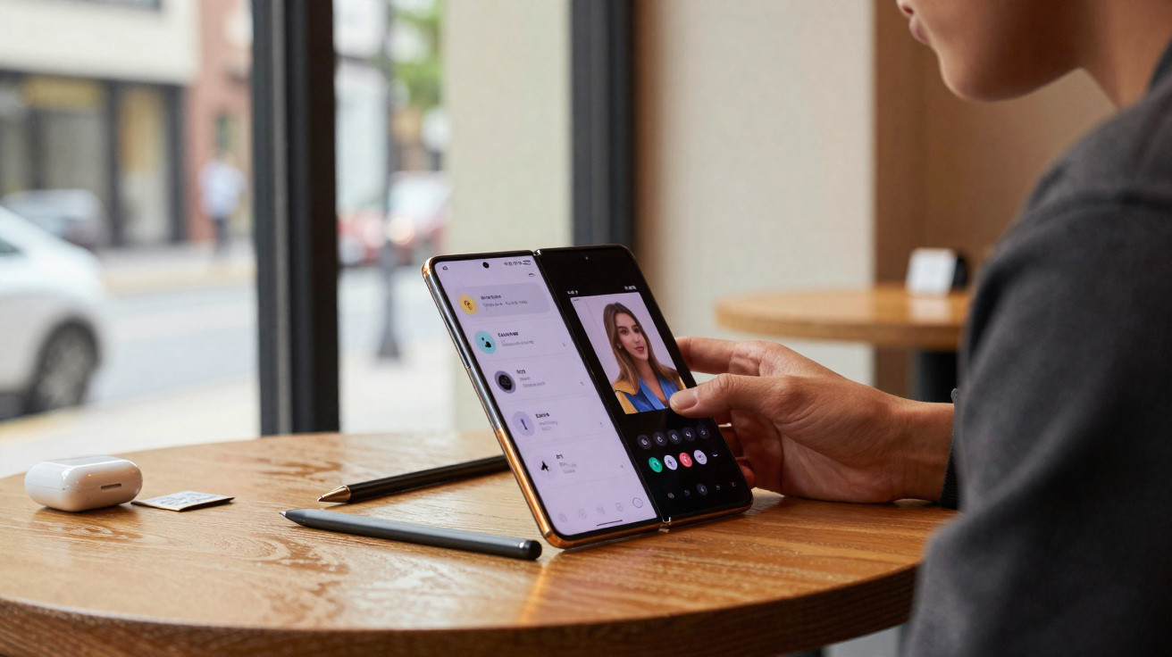 Person using a foldable smartphone for a video call while sitting at a wooden table in a cafe.