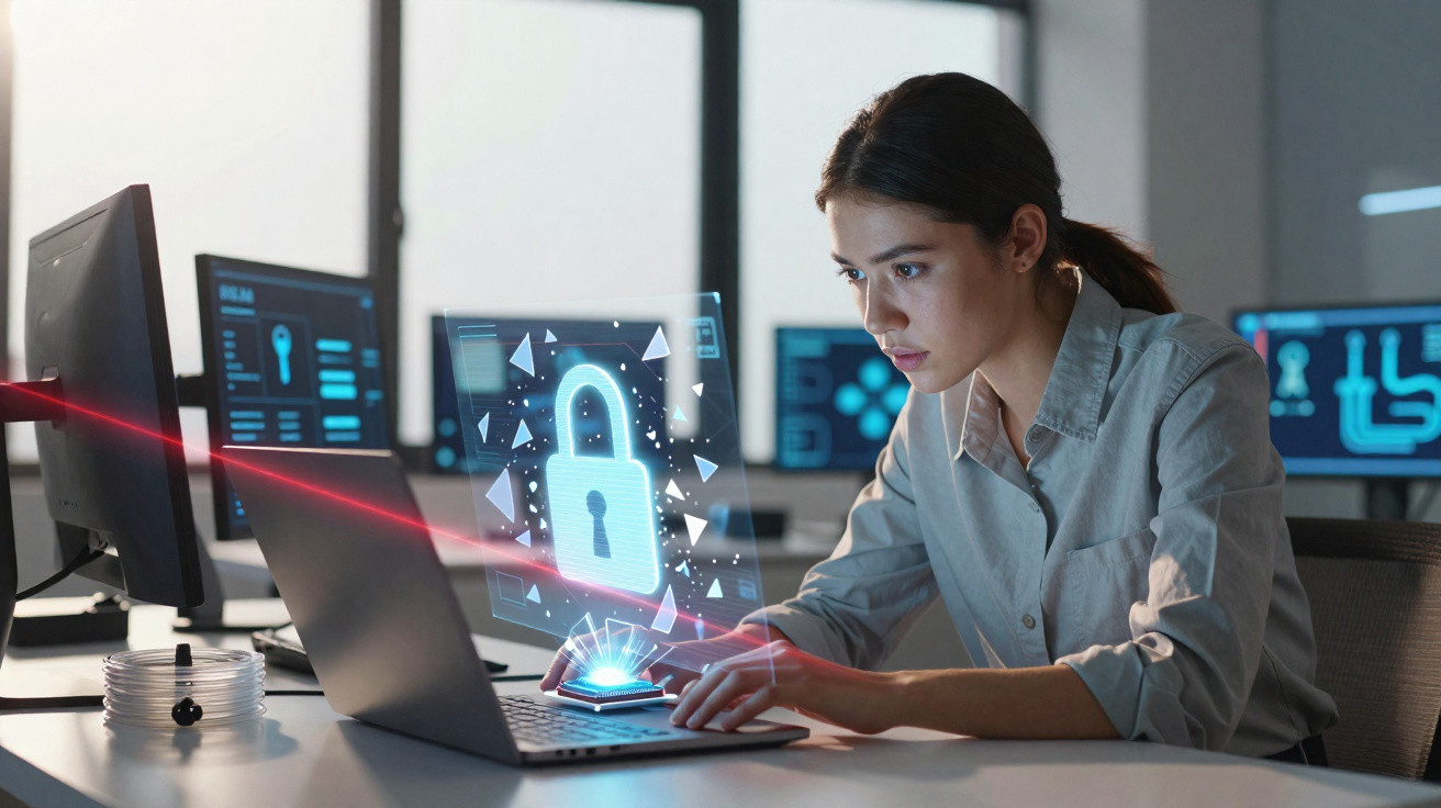 Woman working on laptop with holographic padlock security graphic in modern office setting