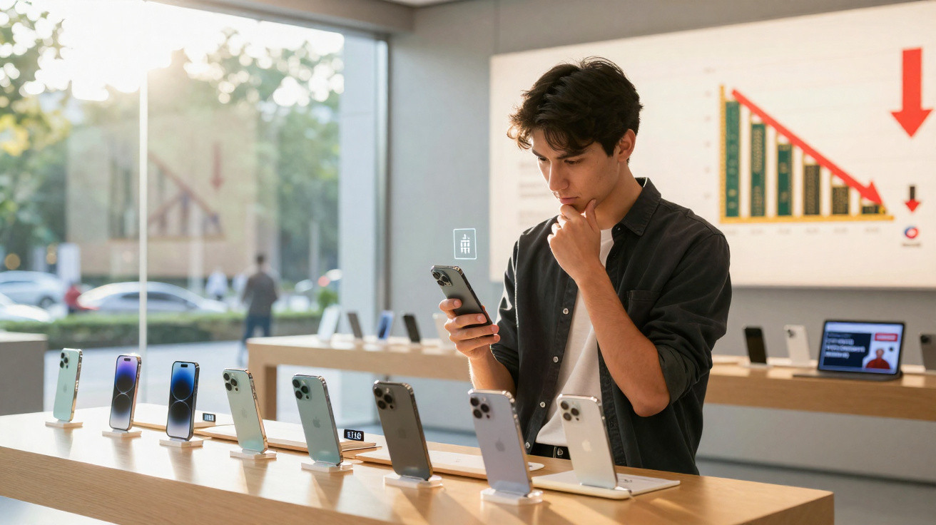 Young man examining a smartphone in a tech store with various smartphones displayed on a wooden table.