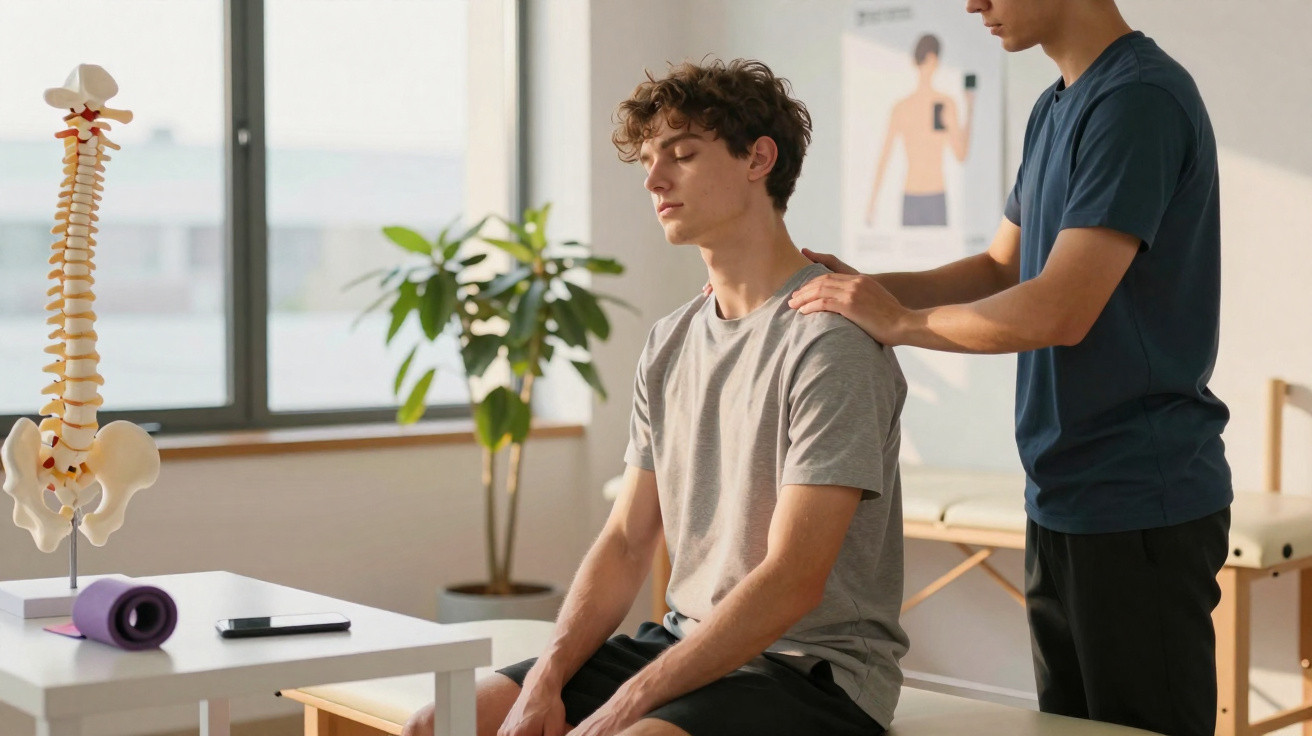 Physiotherapist examining a young man’s shoulder in a clinic with a spine model and plant in the background.