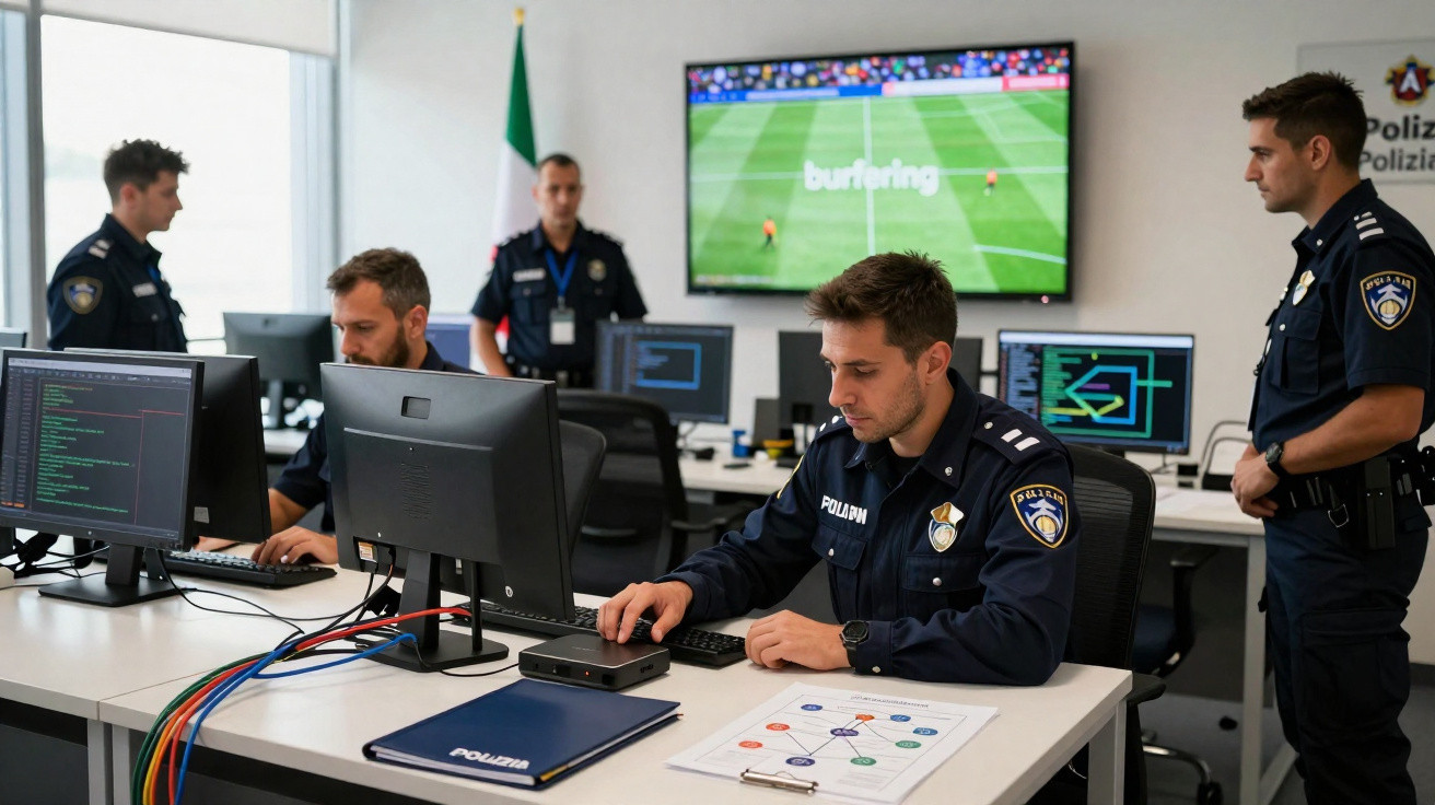 Police officers working in a control room with multiple computer screens and a large screen showing a football match.