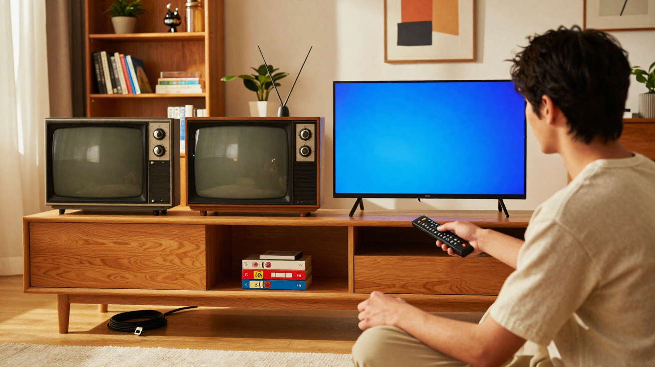 Person holding remote facing a wooden cabinet with two vintage TVs and a modern flat screen TV with blue screen