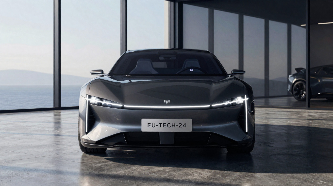 Front view of a sleek grey electric sports car with LED headlights in a modern showroom.