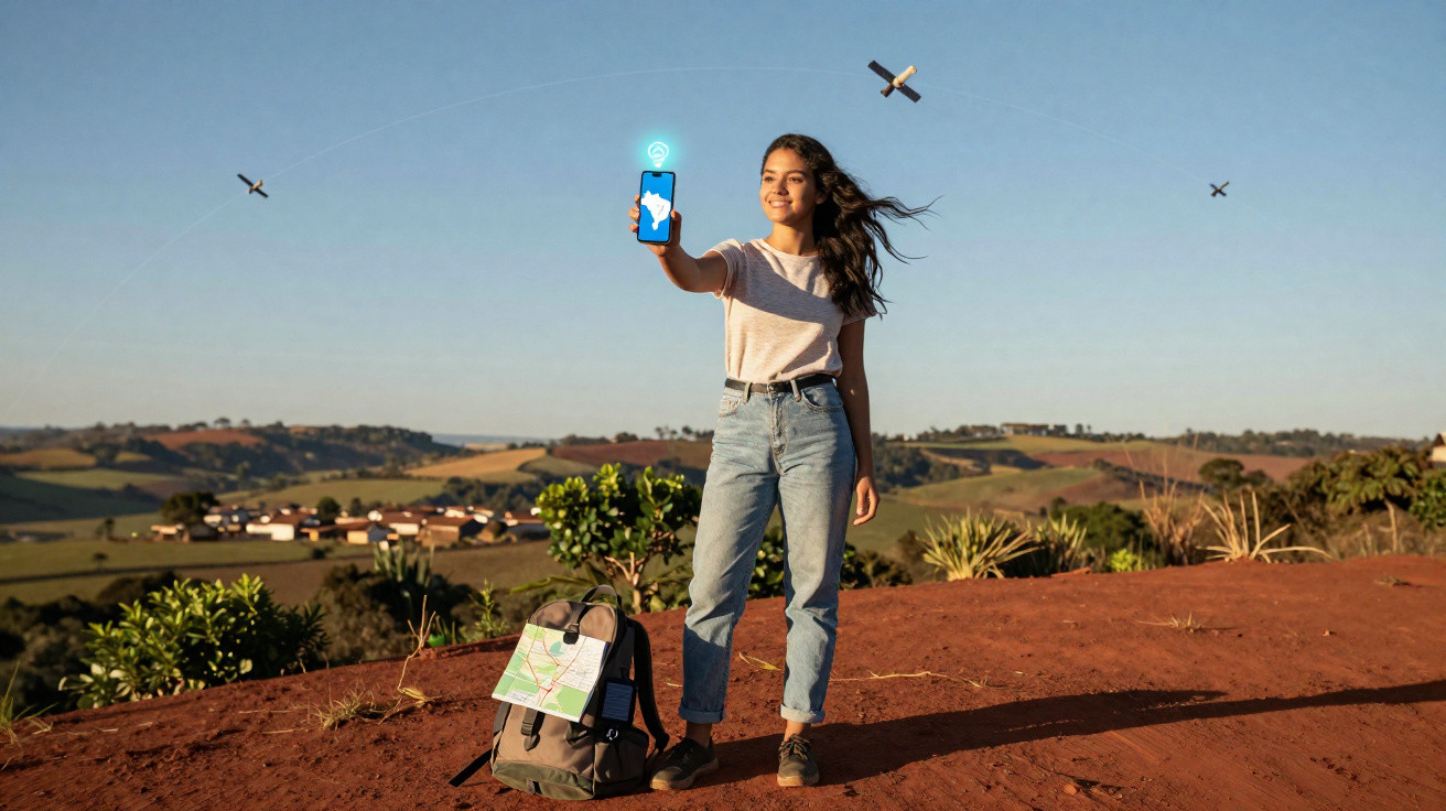 Young woman outdoors holding a smartphone with drones flying overhead in a rural landscape.