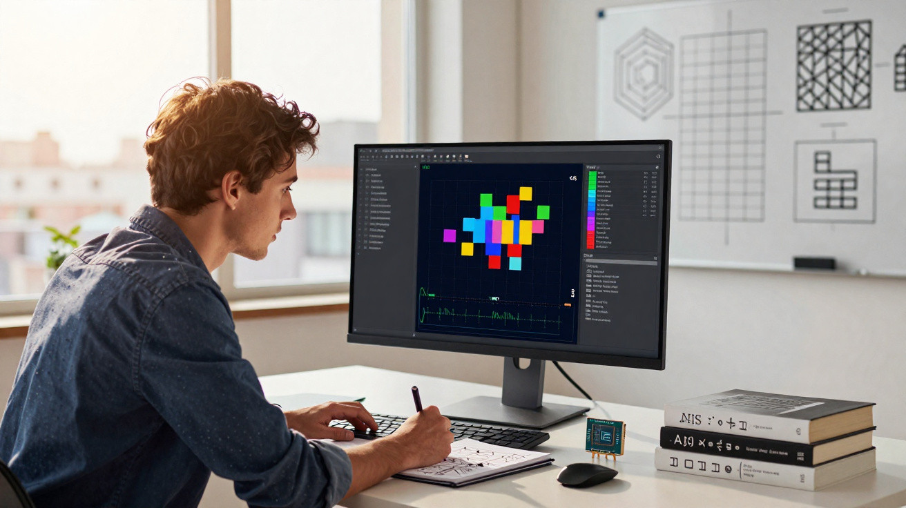 Young man analysing colourful data visualisation on computer screen in a modern office with books and notes.