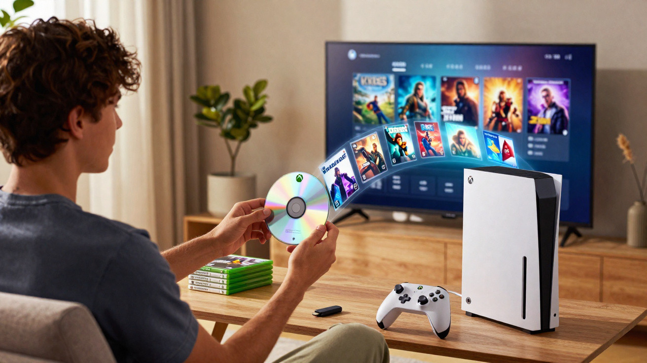 Person inserting a disc into a white gaming console with game covers appearing towards a TV screen.