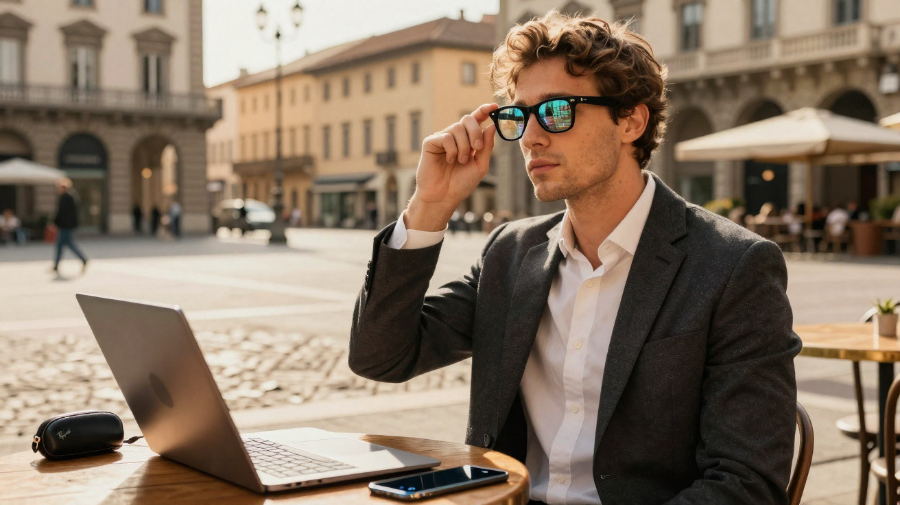 Young man in sunglasses working on a laptop at an outdoor café table in a European city square.