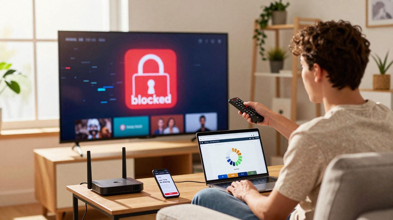 Person sitting on a sofa using a laptop and remote with a TV showing a red blocked padlock symbol in a living room.