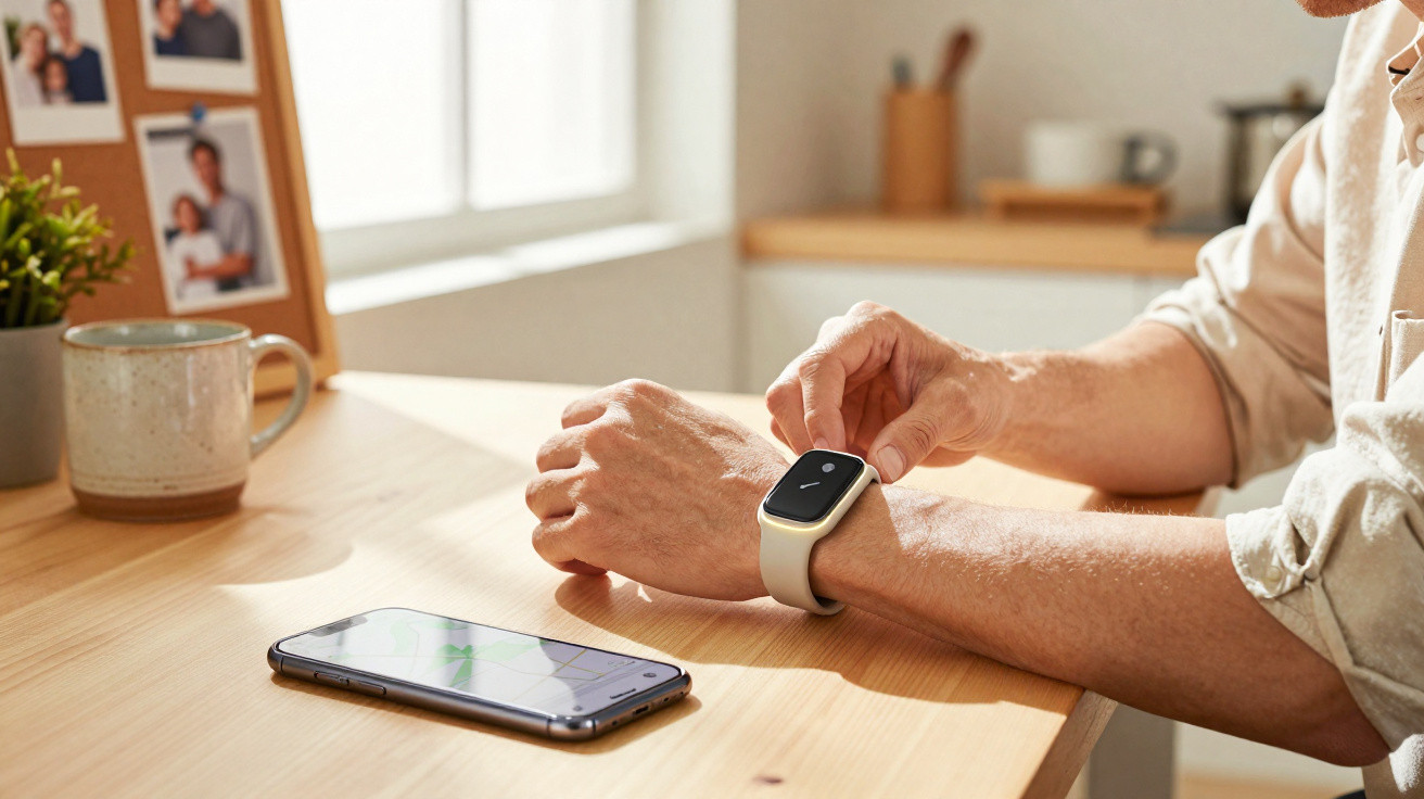 Person adjusting a smartwatch on their wrist at a wooden table with a smartphone and mug nearby.