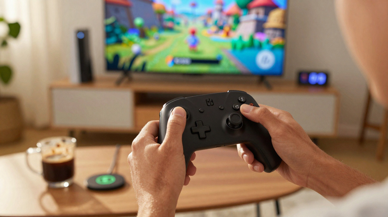 Person holding a black game controller playing a colourful video game on a TV in a cosy living room.