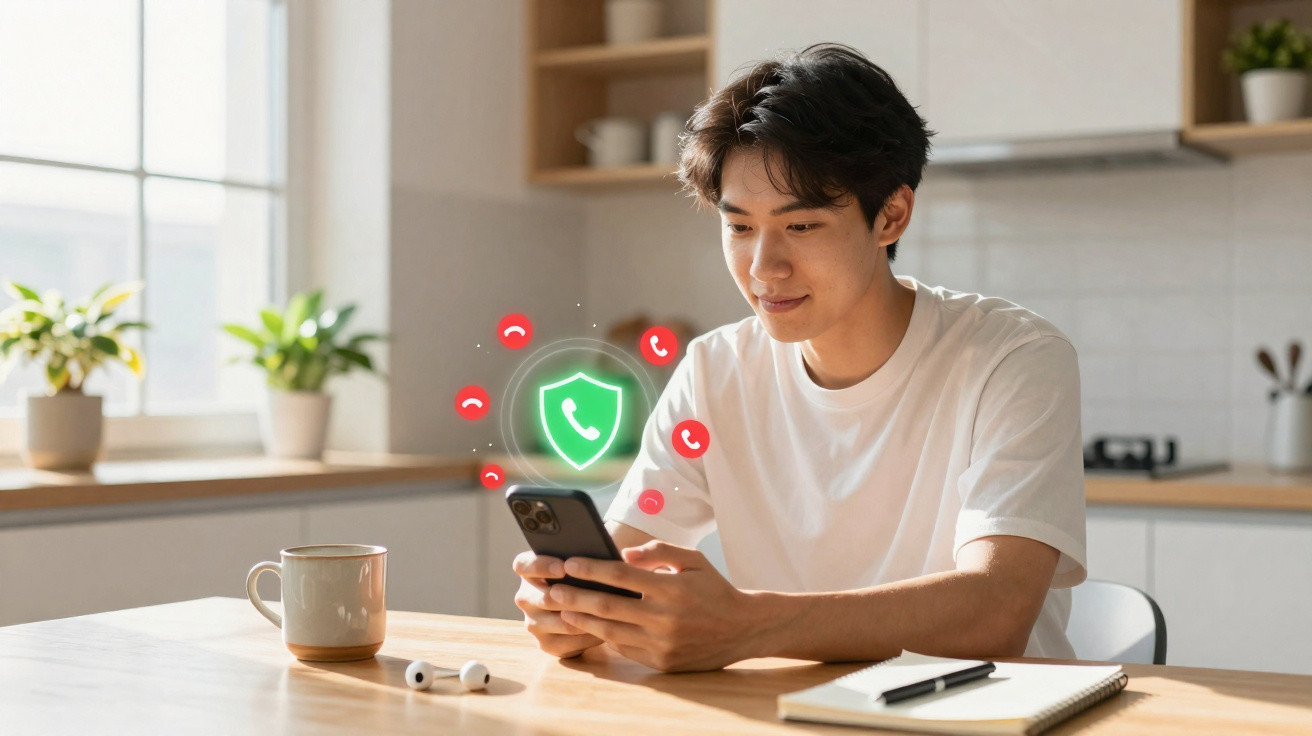 Young man sitting at a kitchen table using a smartphone with call blocking icons floating nearby.