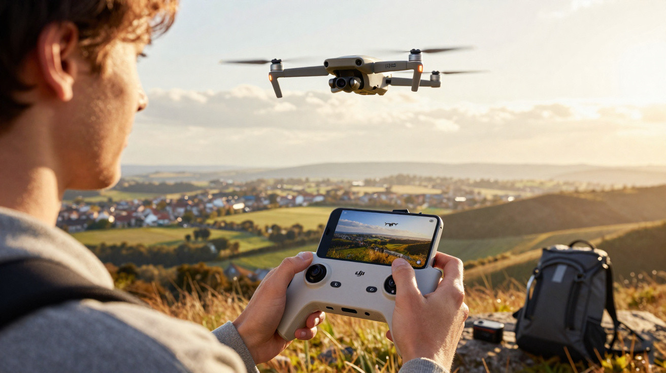 Person flying a drone with remote control overlooking a rural landscape at sunset.