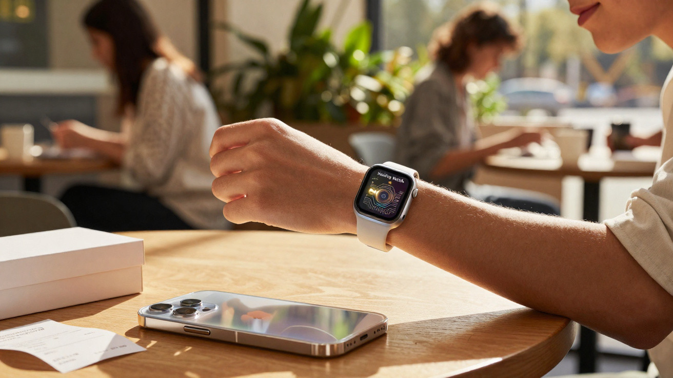 Close-up of a person wearing a smartwatch on their wrist at a wooden table with a smartphone and papers.