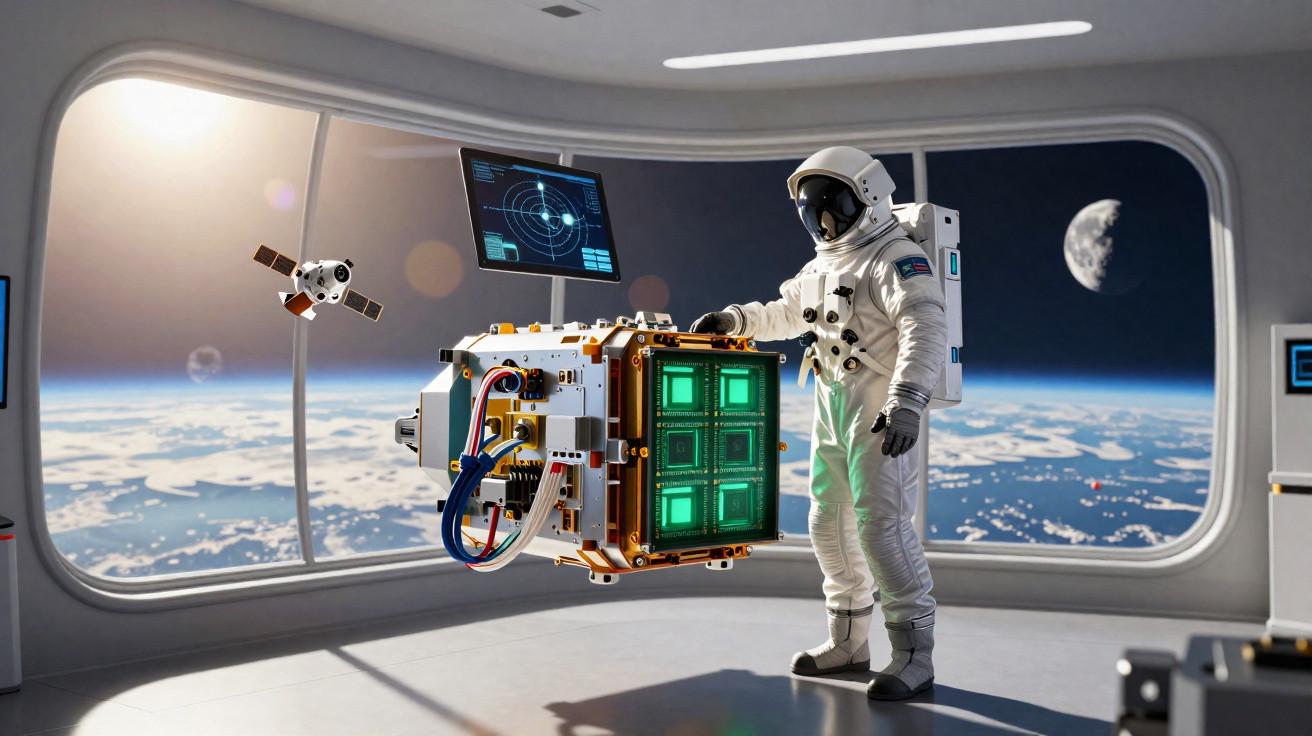 Astronaut in a space station working on a floating high-tech device with Earth and the moon visible outside.