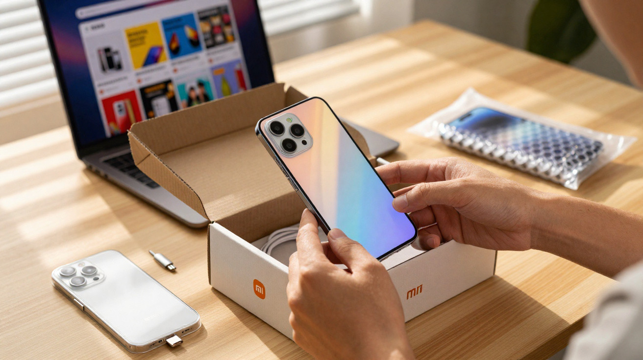 Person holding a new smartphone above an open Mi brand box on a wooden desk with a laptop and phone case.