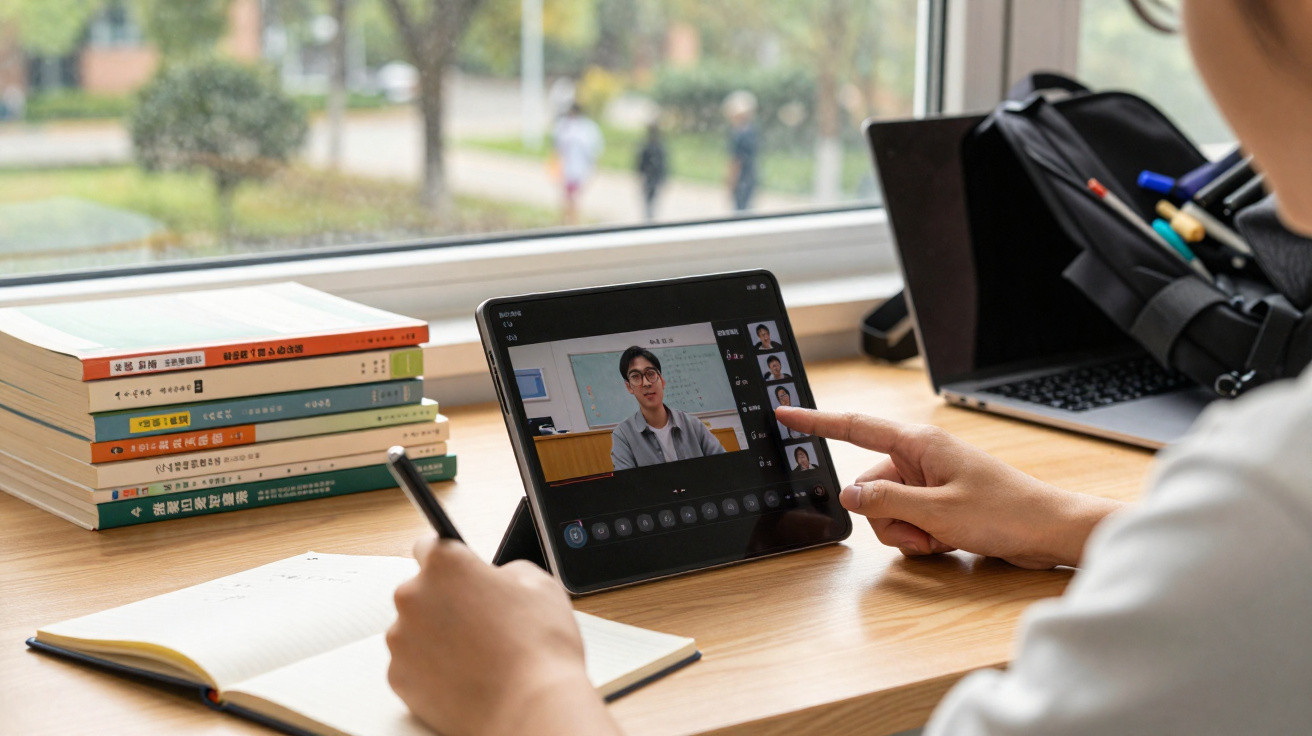 Person attending an online class on a tablet, taking notes with books and a laptop on the desk.