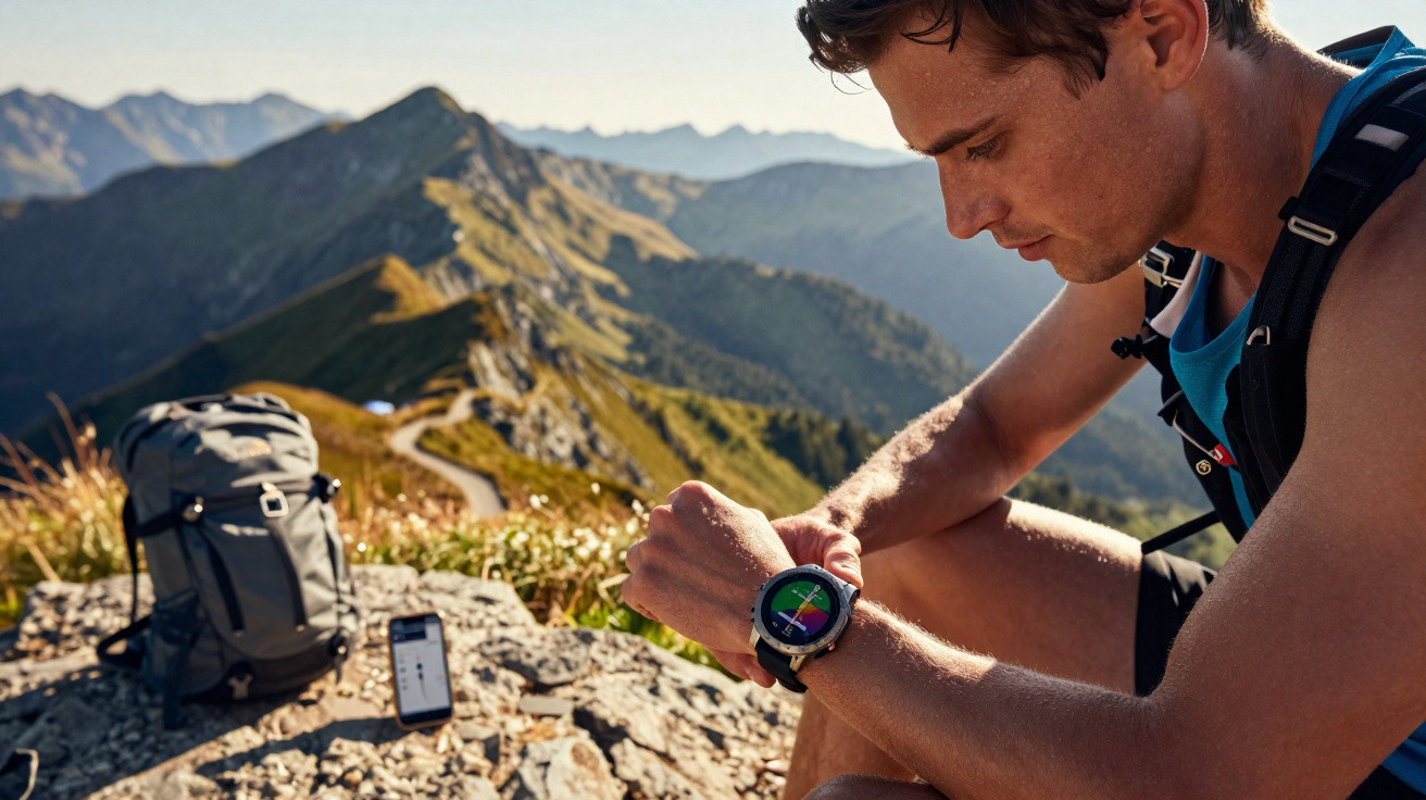 Hiker checking smartwatch on rocky mountain peak with backpack and smartphone nearby under clear sky.